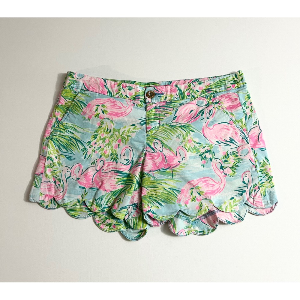 Lilly Pulitzer Buttercup Scallop Hem Shorts Flamingo Tropical Pink Blue Size 10